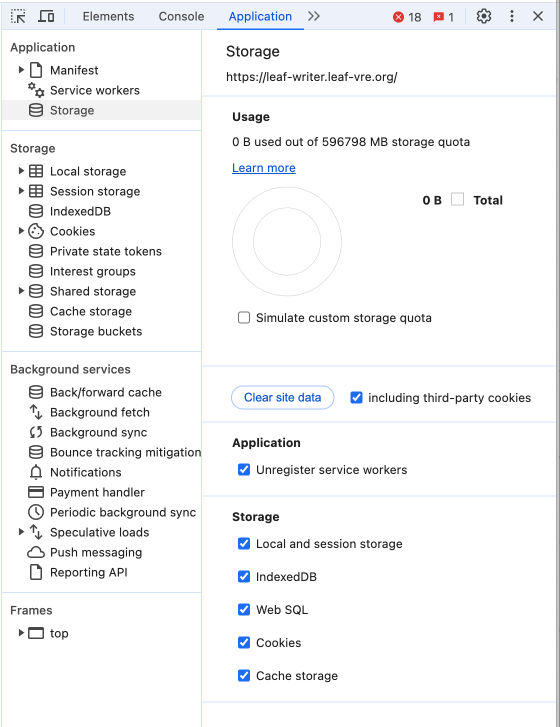 Snapshot of Chrome DevTools showing LEAF‑Writer storage options and the clear‑data control.